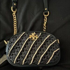 Tory Burch Black and Gold Kira CrochetSmall Camera Bag